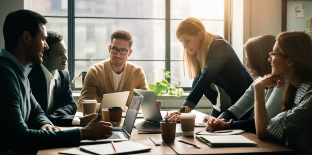 Diverse team of professionals actively participating in a modern office staff meeting, engaged in discussion and collaborative brainstorming around a conference table.