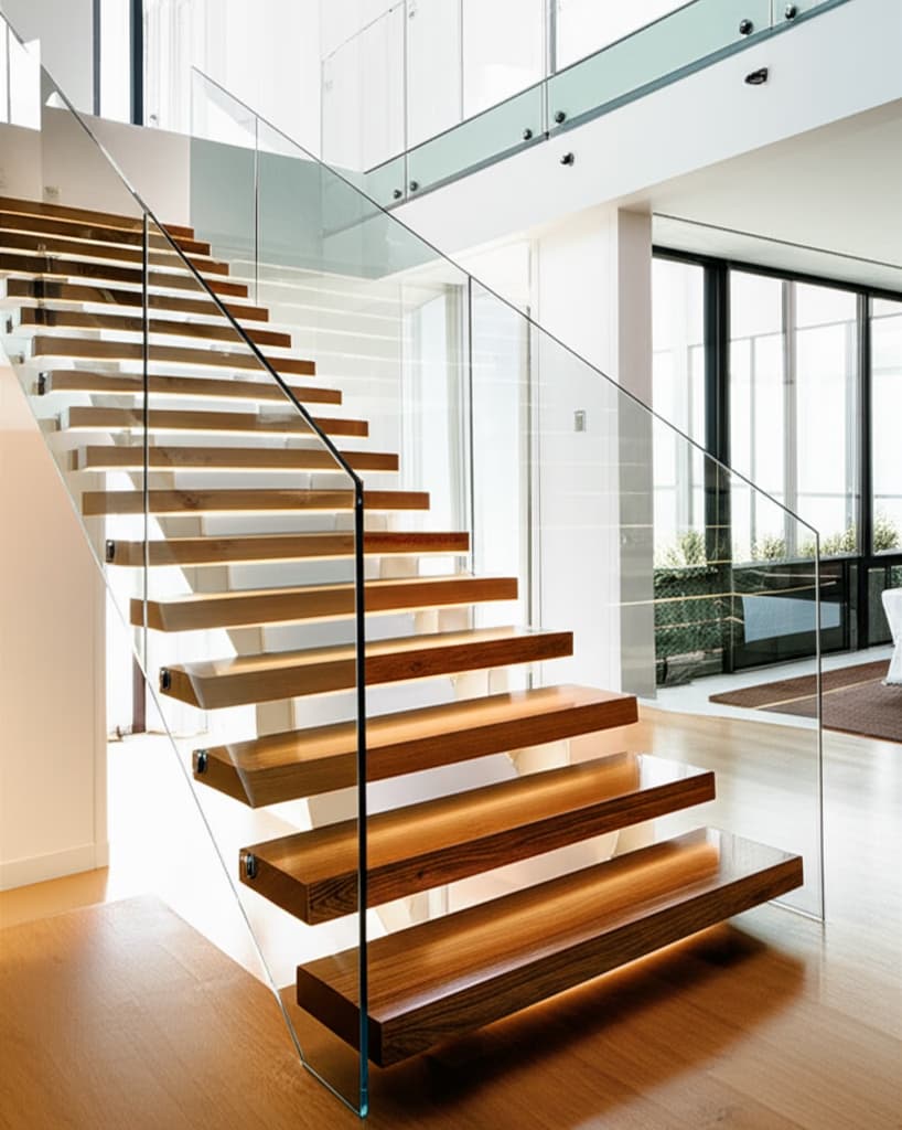 High-quality realistic image of a modern minimalist staircase with floating wooden treads and a clear glass railing, set in a bright contemporary home interior, showcasing innovative architectural design.