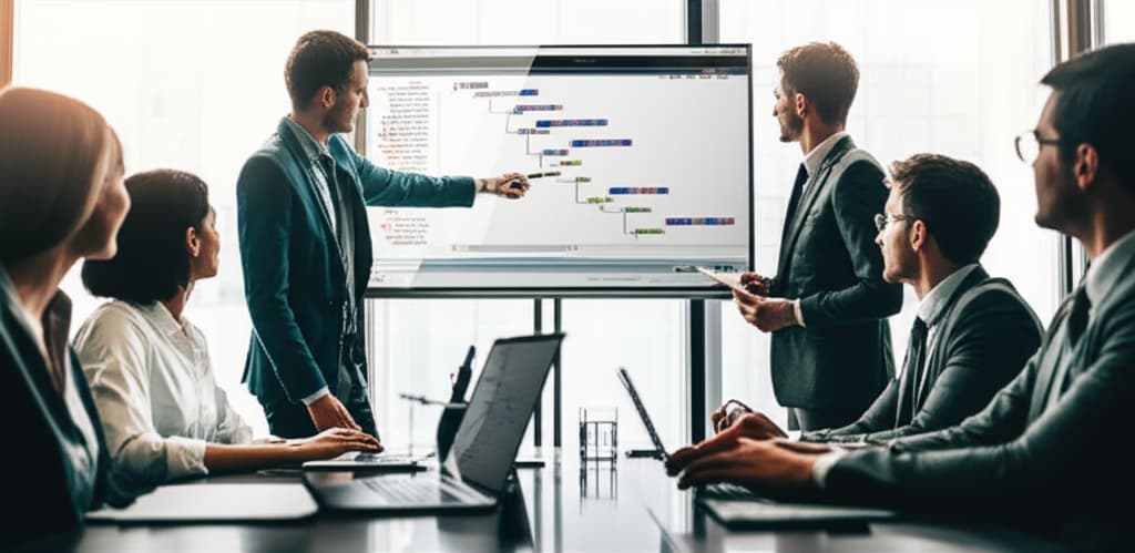 Diverse business team in a modern office conducting a productive status meeting, reviewing project progress and collaborating effectively.