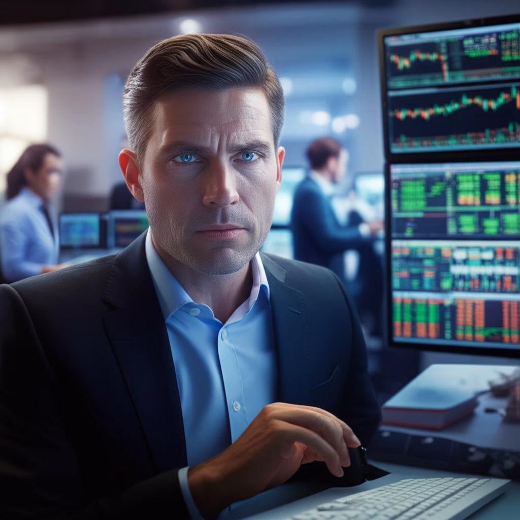A professional stock broker analyzing real-time financial data on multiple computer screens in a busy modern trading office, representing expert investment and market analysis.