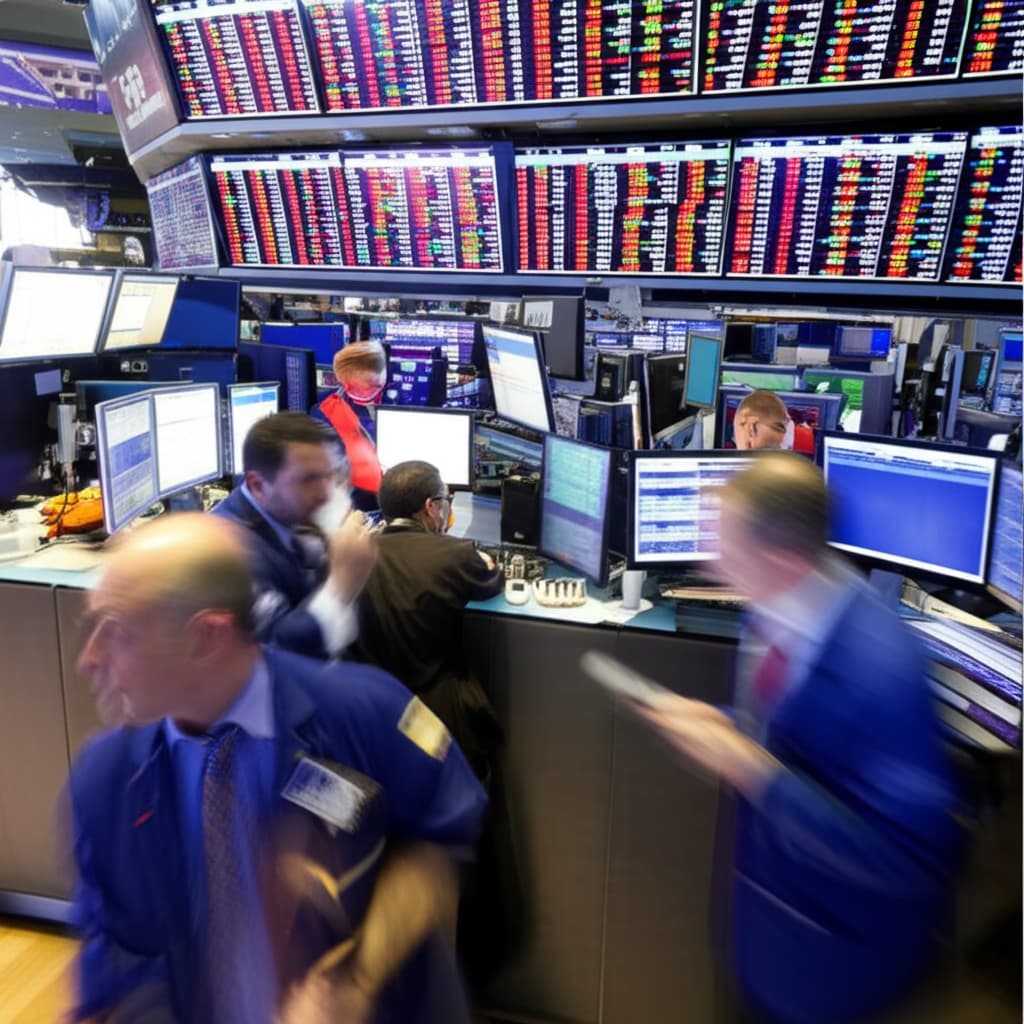 High-resolution image of a busy stock exchange trading floor with multiple screens displaying real-time stock data, traders actively monitoring markets, and a dynamic, high-stakes atmosphere.