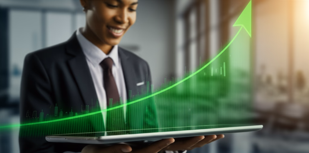 Realistic digital stock chart displaying significant green upward trends and profitable stock gains, symbolizing financial investment success and market growth.