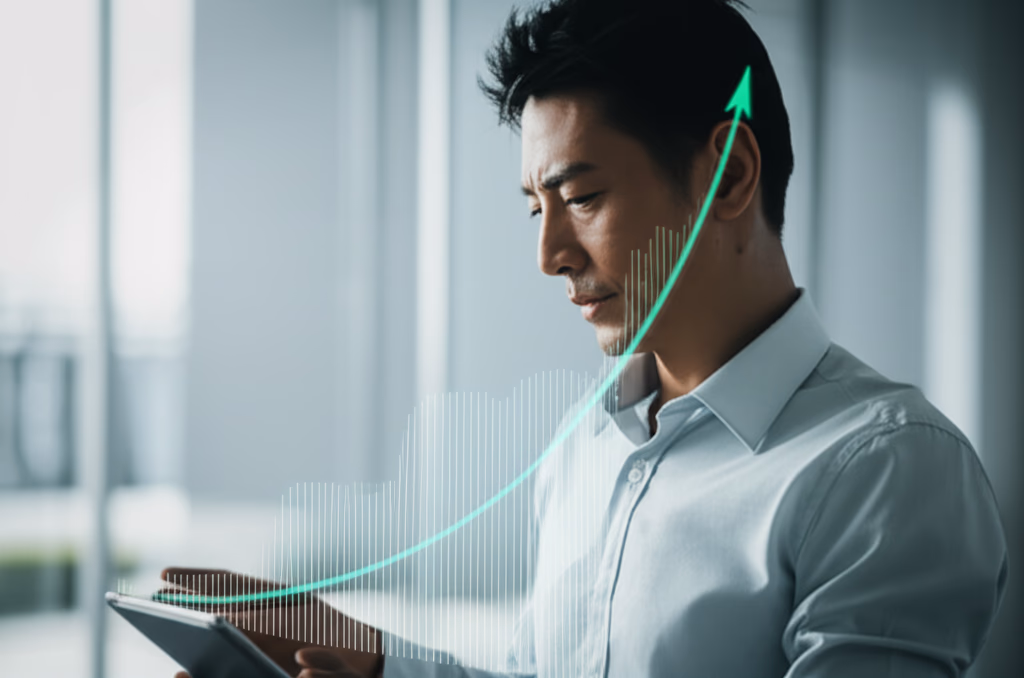 Close-up of a confident investor analyzing stock market data on a digital screen, symbolizing smart financial investment and wealth growth strategies.