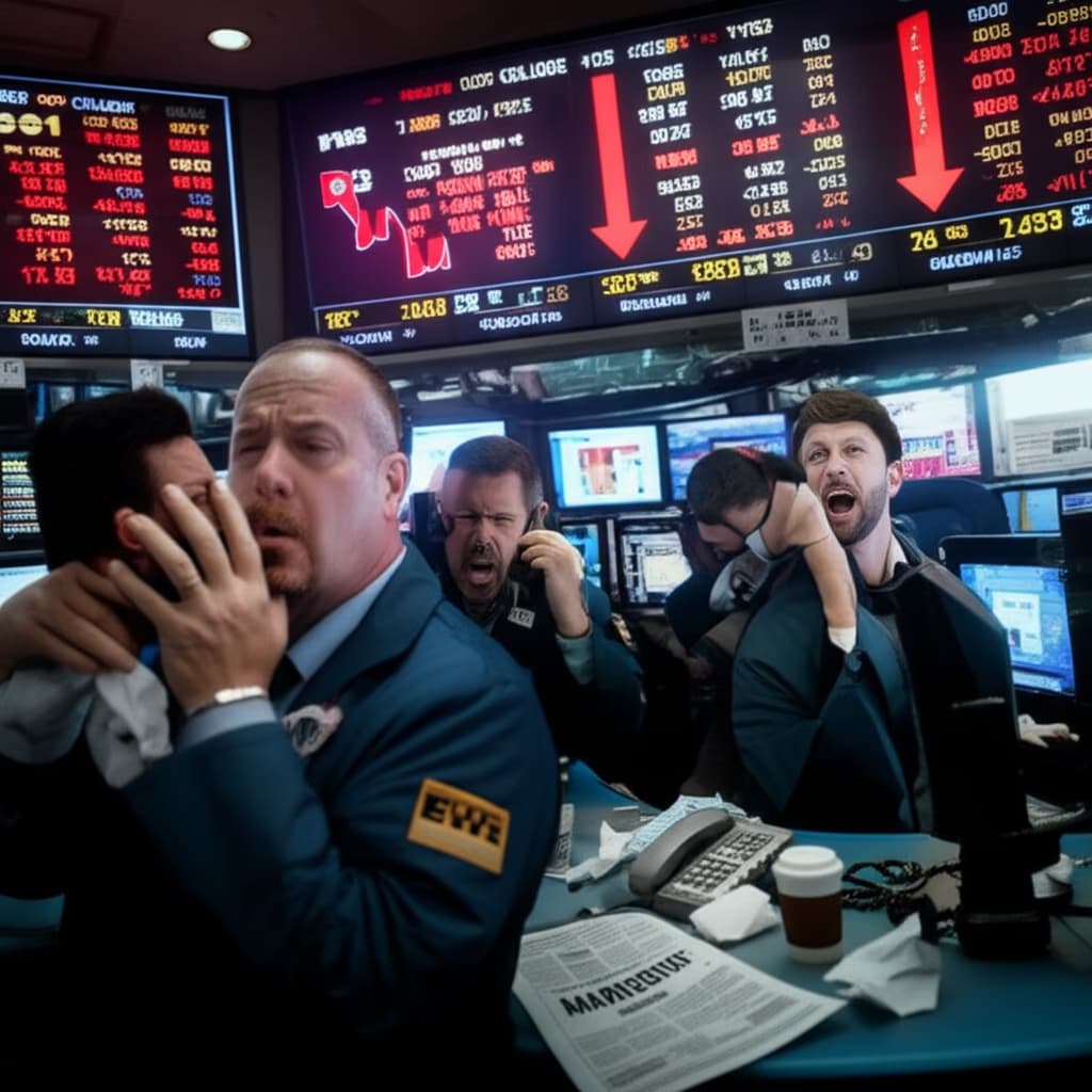 Realistic image of a stock market crash depicting panicked investors, plummeting stock prices, and a severe economic downturn on a trading floor.
