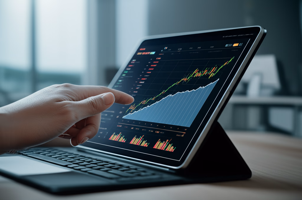 Close-up view of a digital stock portfolio on a tablet screen showing financial charts, growth graphs, and diversified asset allocation, symbolizing smart investment management and wealth building strategies.