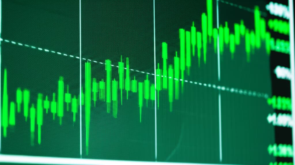 Close-up of a digital screen displaying a vibrant green stock price chart with an upward trend, showing real-time financial data and market performance.