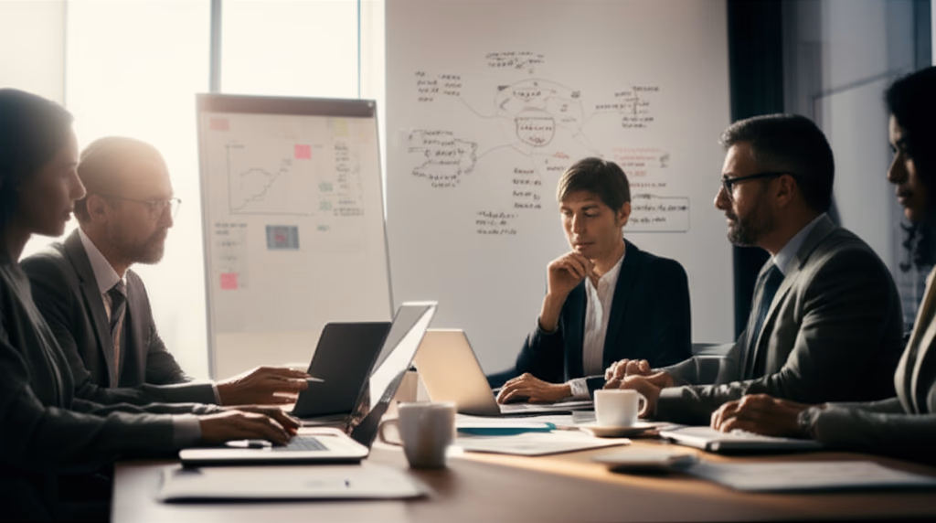 Diverse business professionals collaborating intensely during a strategy meeting, discussing plans and reviewing data in a modern office environment.