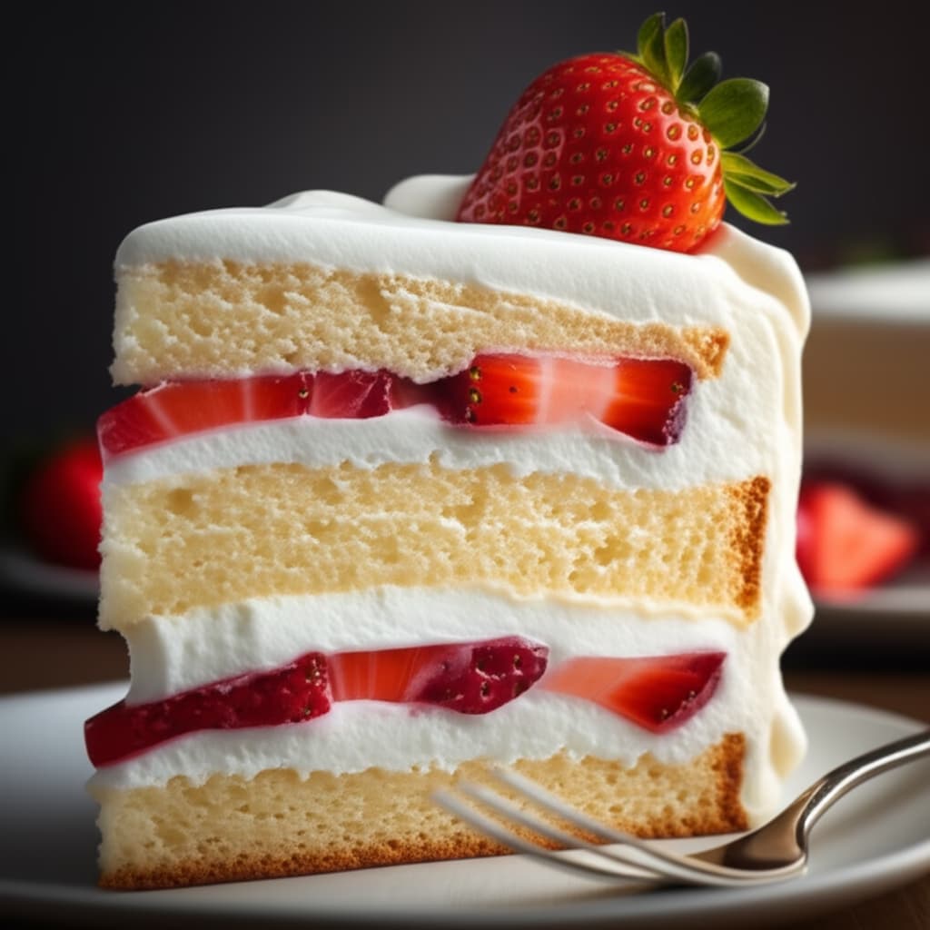 Close-up of a delicious slice of strawberry cake with fresh strawberries and cream