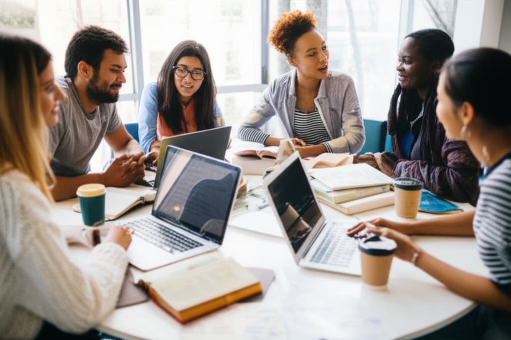 Diverse group of university students actively engaged in a lively discussion and collaboration around a table in a modern campus setting, symbolizing effective student teamwork.