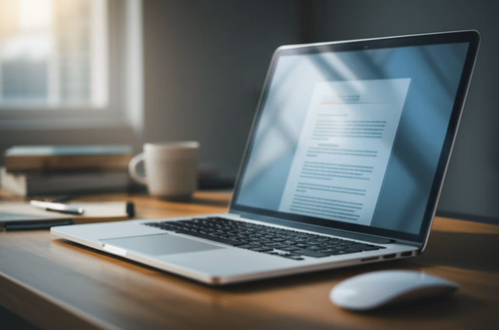 A modern student laptop open on a wooden desk in a study environment, symbolizing academic productivity and learning.