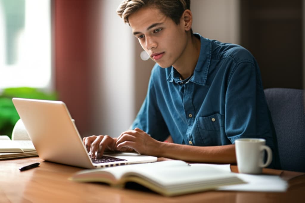 A focused university student diligently studying at a desk filled with books and a laptop, depicting academic dedication and deep concentration.