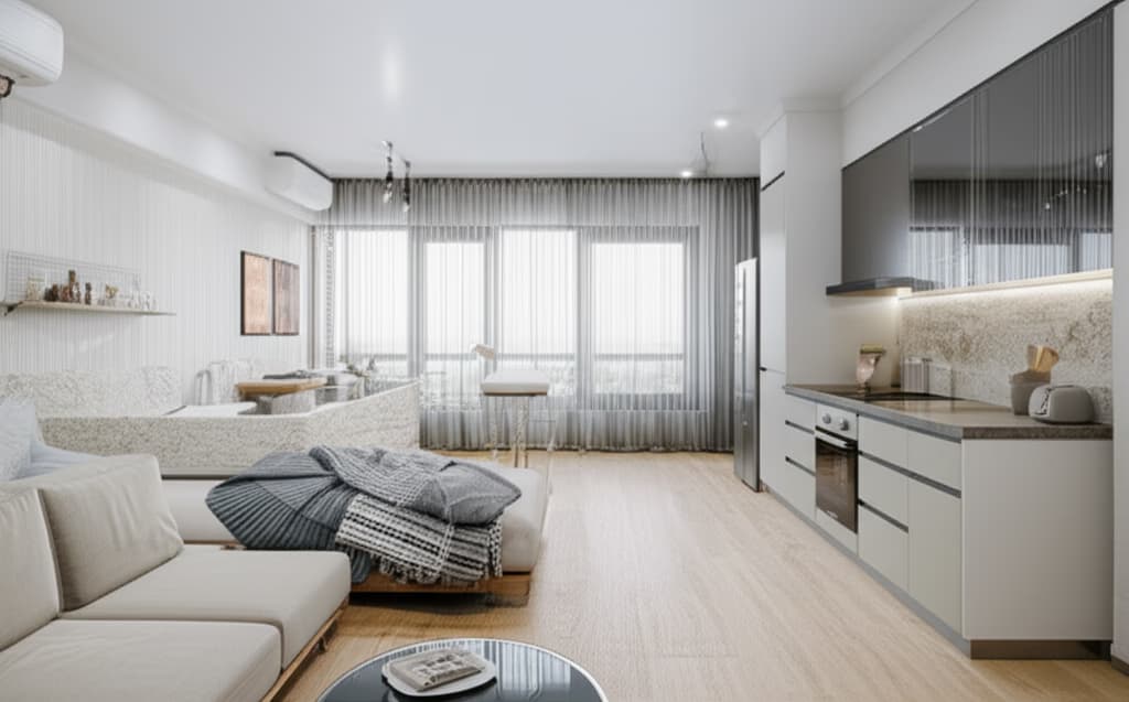 Detailed view of a modern studio apartment layout featuring an open-plan living area, bedroom nook, and compact kitchen, showcasing efficient furniture arrangement and natural light.
