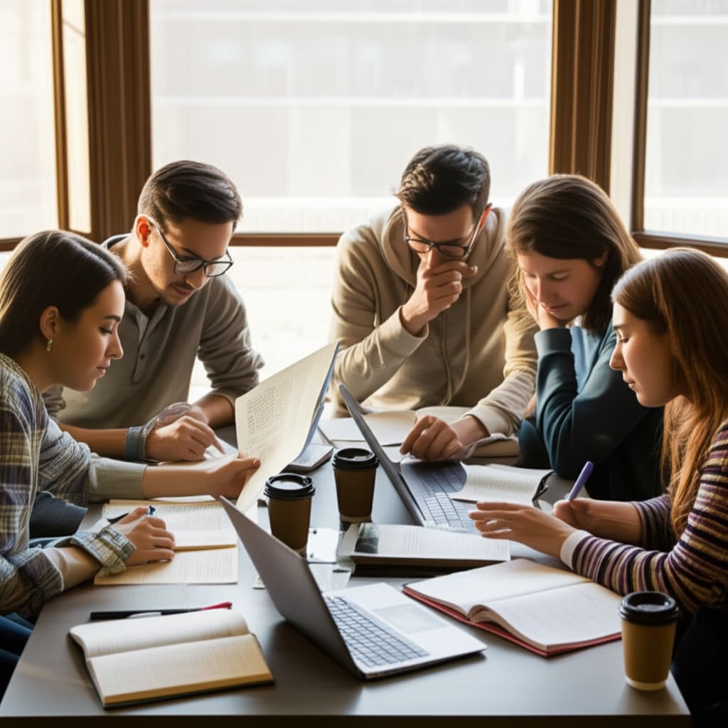 A diverse group of university students actively studying and collaborating together in a modern library setting, demonstrating teamwork and focused learning.