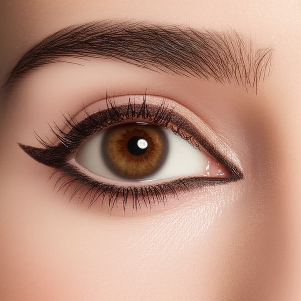 Close-up of a model's eye with perfectly applied subtle brown eyeliner, showcasing a natural, elegant, and understated beauty look.