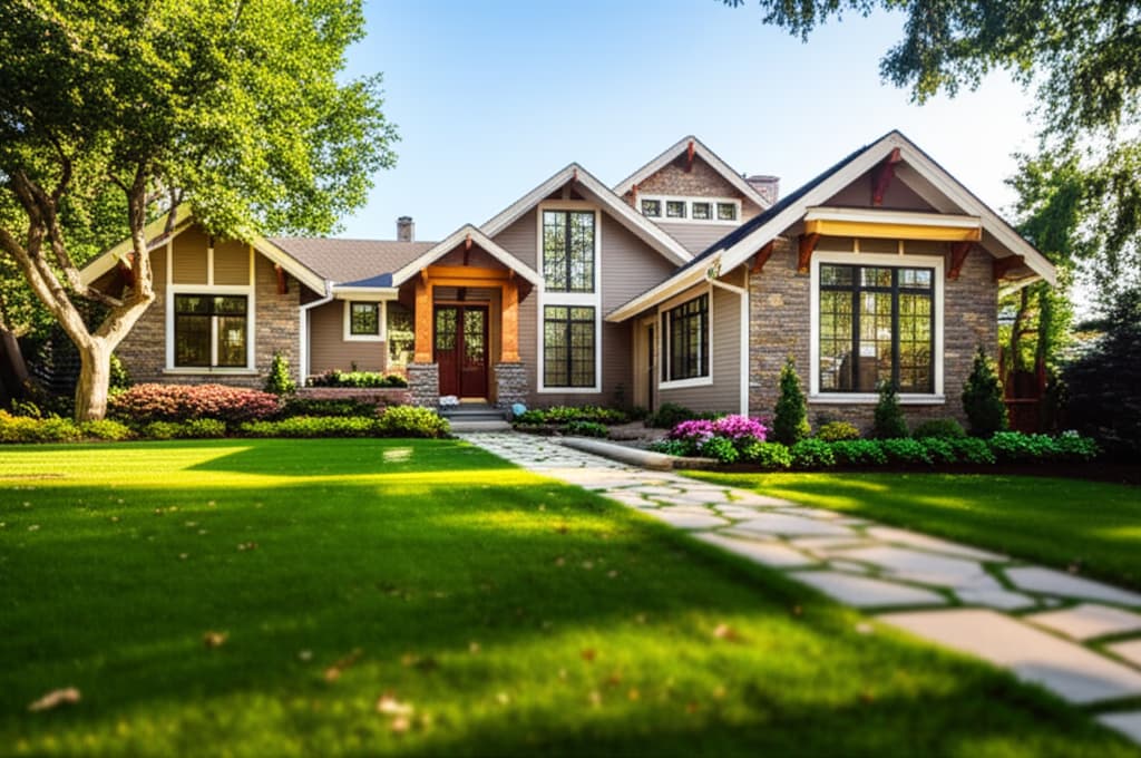 A beautiful modern suburban home exterior with pristine landscaping, a lush green lawn, and an inviting front porch, highlighting contemporary architectural design and curb appeal.
