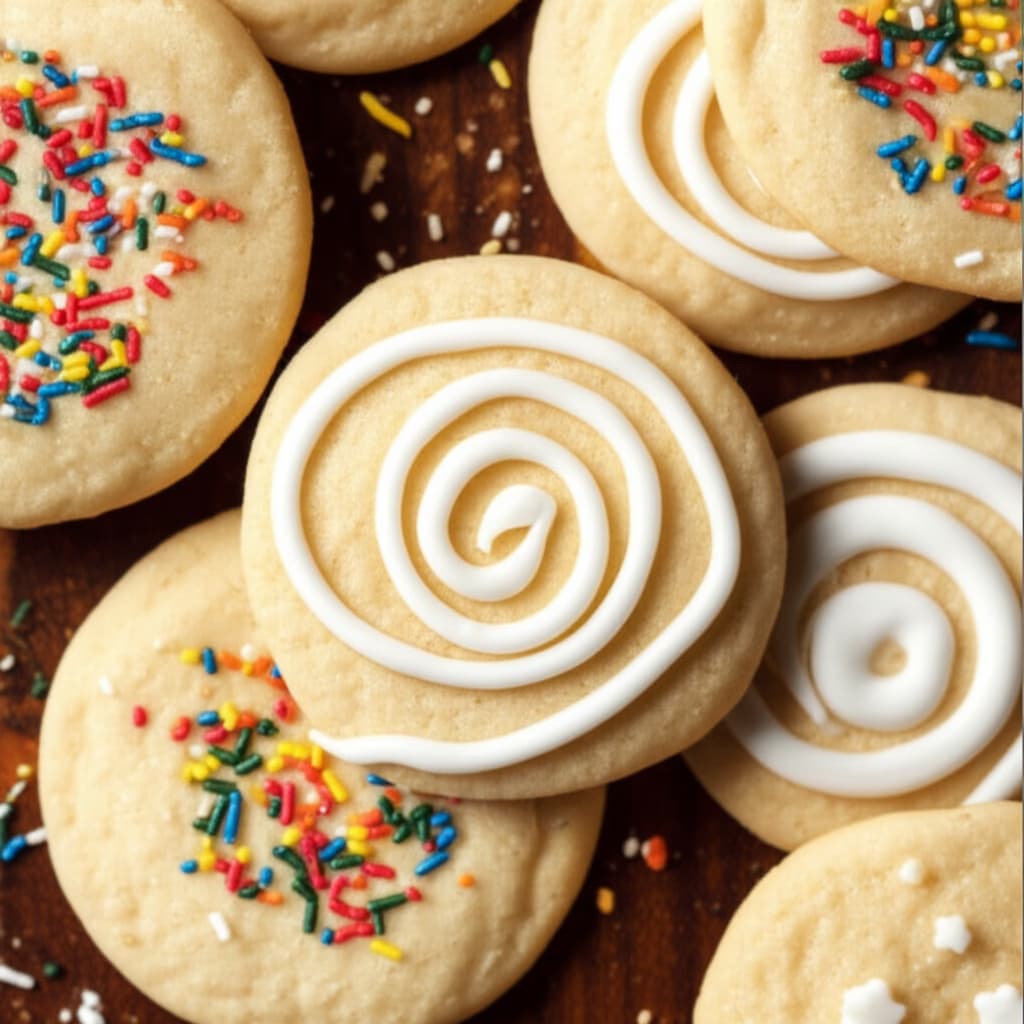 Plate of beautifully decorated homemade sugar cookies with white royal icing and colorful sprinkles, perfect for holiday baking or sweet treats.