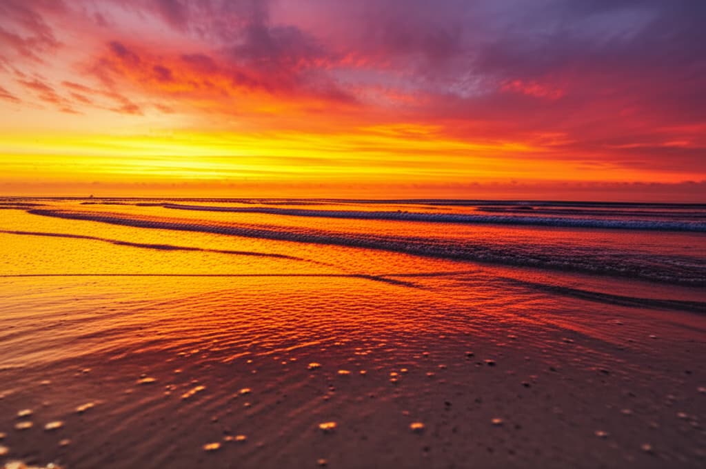 A wide view of a natural, high-quality realistic sunset beach image with vibrant golden, orange, and purple sky reflecting on calm ocean waves and wet sand.