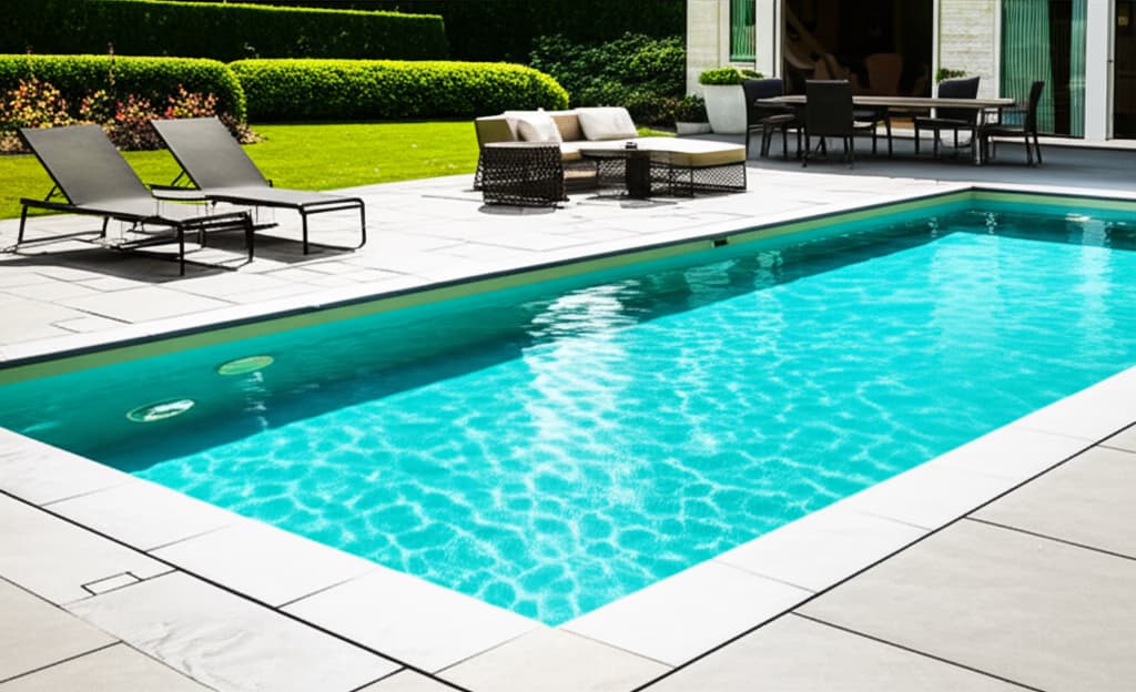 A beautiful modern swimming pool in a luxurious backyard with lush landscaping and comfortable patio furniture, ready for outdoor relaxation.