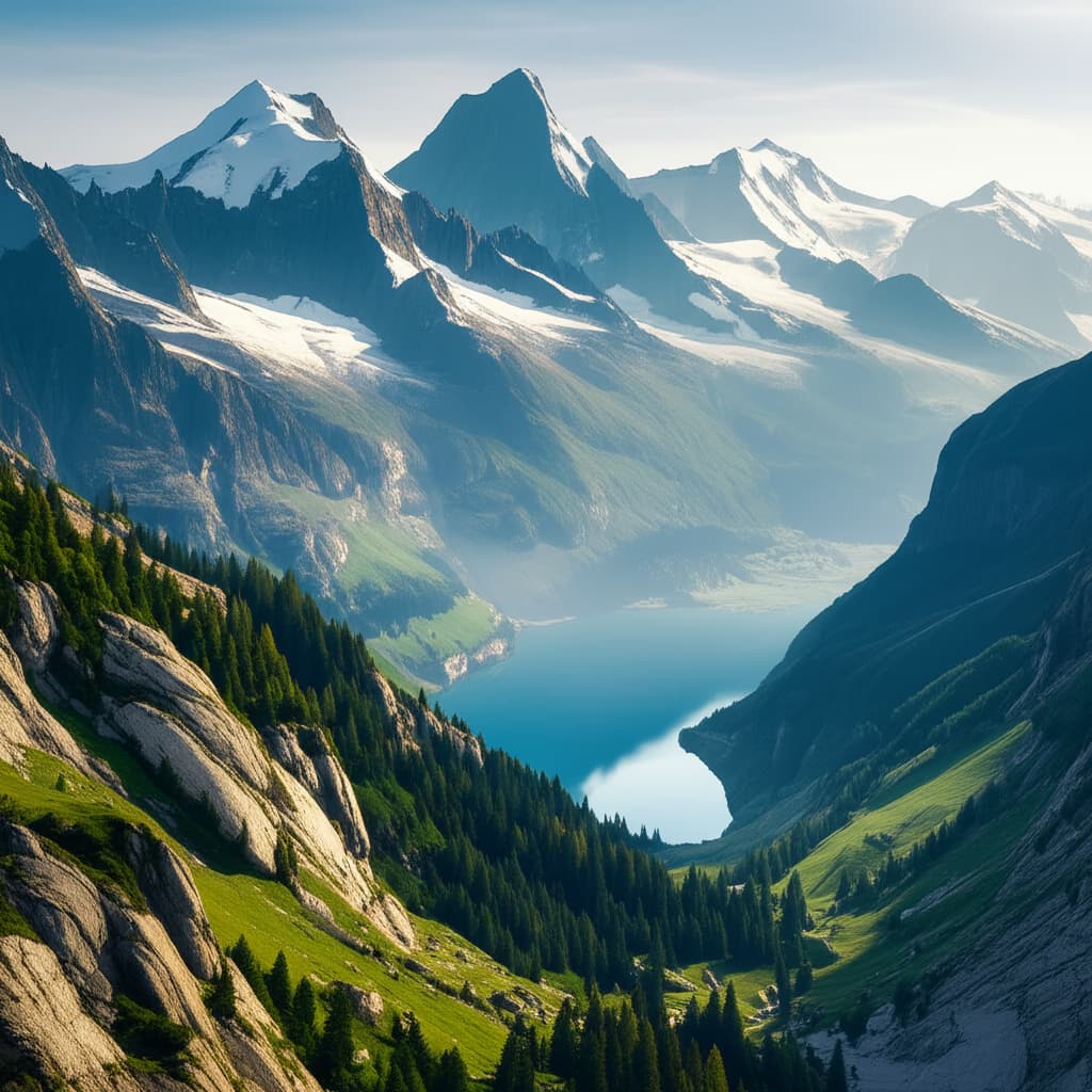 A breathtaking panoramic view of the Swiss Alps featuring towering snow-capped mountains, a serene blue alpine lake, and lush green valleys.