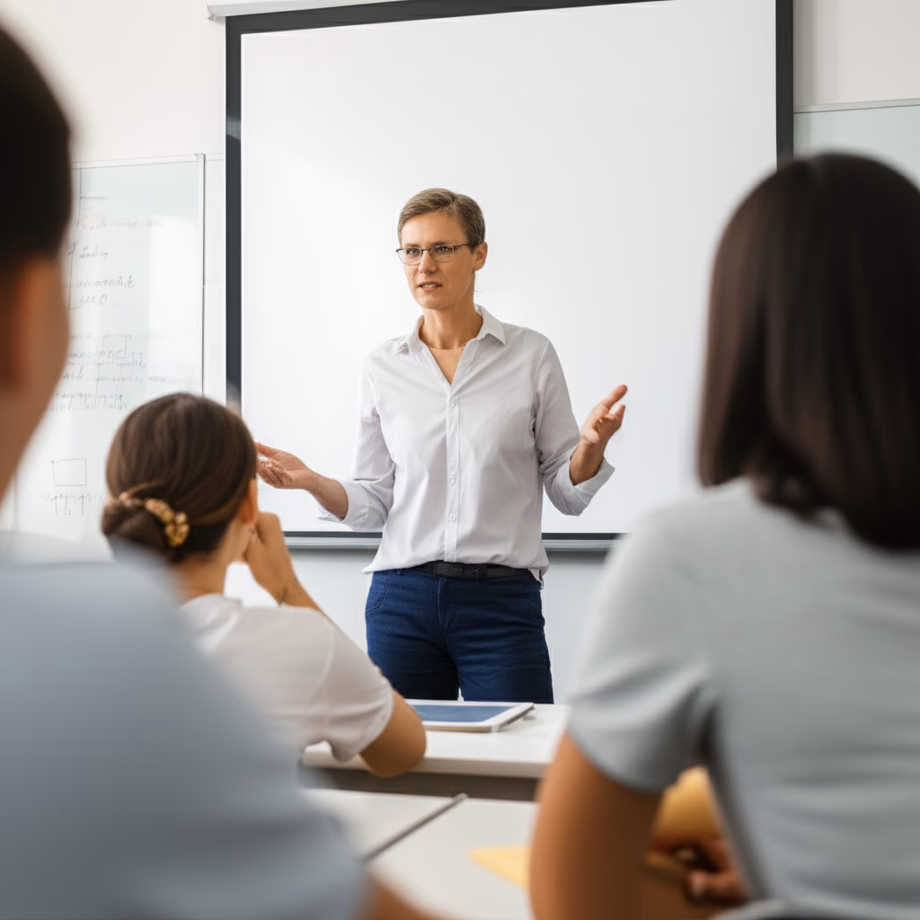 A female teacher actively teaching students in a classroom setting, pointing at a whiteboard with diverse students engaged in learning.