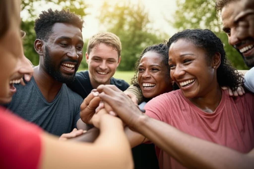 A diverse team of professionals collaborating joyfully during an outdoor team building activity, emphasizing unity, teamwork, and shared success.
