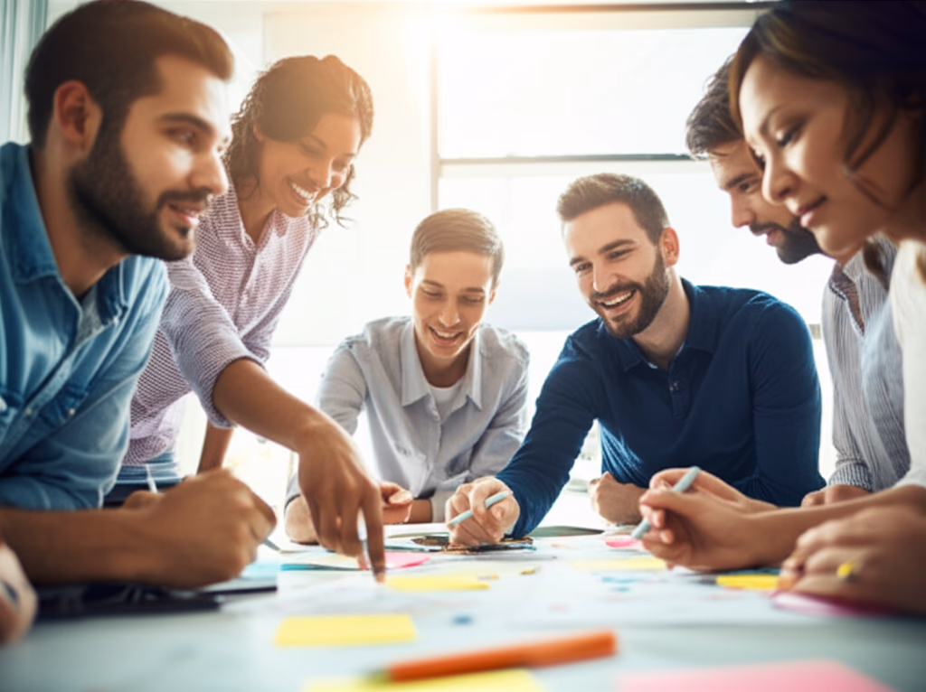 A diverse group of 6-7 professionals actively collaborating and brainstorming around a table in a modern, brightly lit office, illustrating positive team dynamics, effective communication, and collaborative problem-solving.
