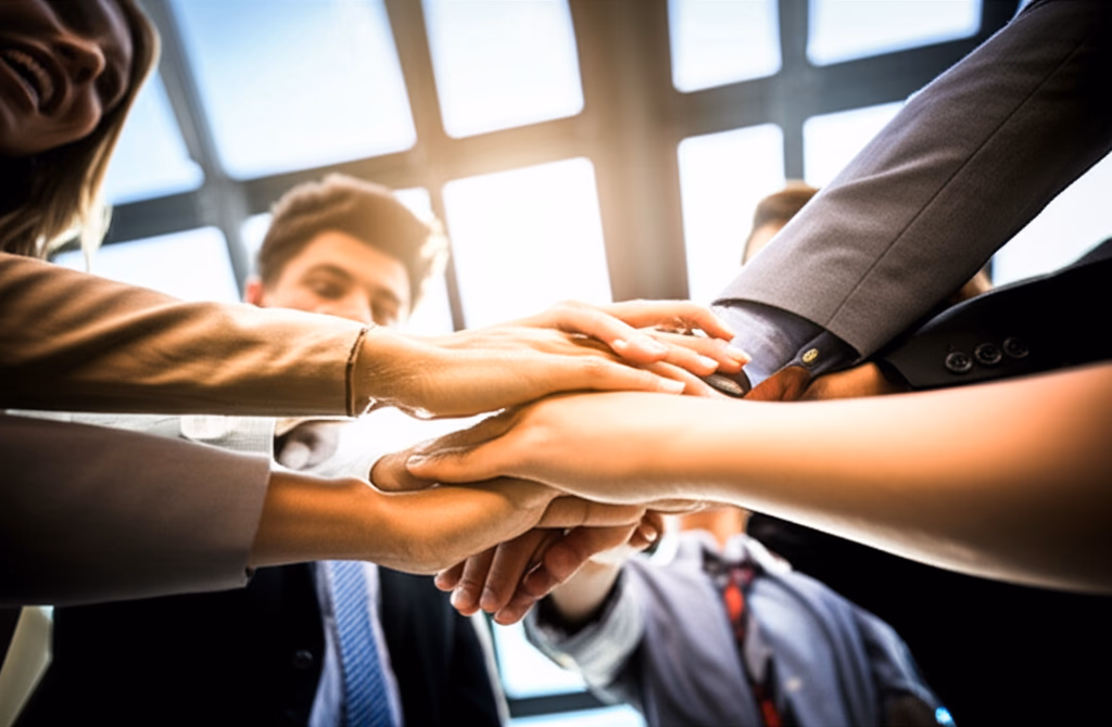 Diverse business team in a tight huddle, hands together, symbolizing unity and strategic planning during a professional meeting.