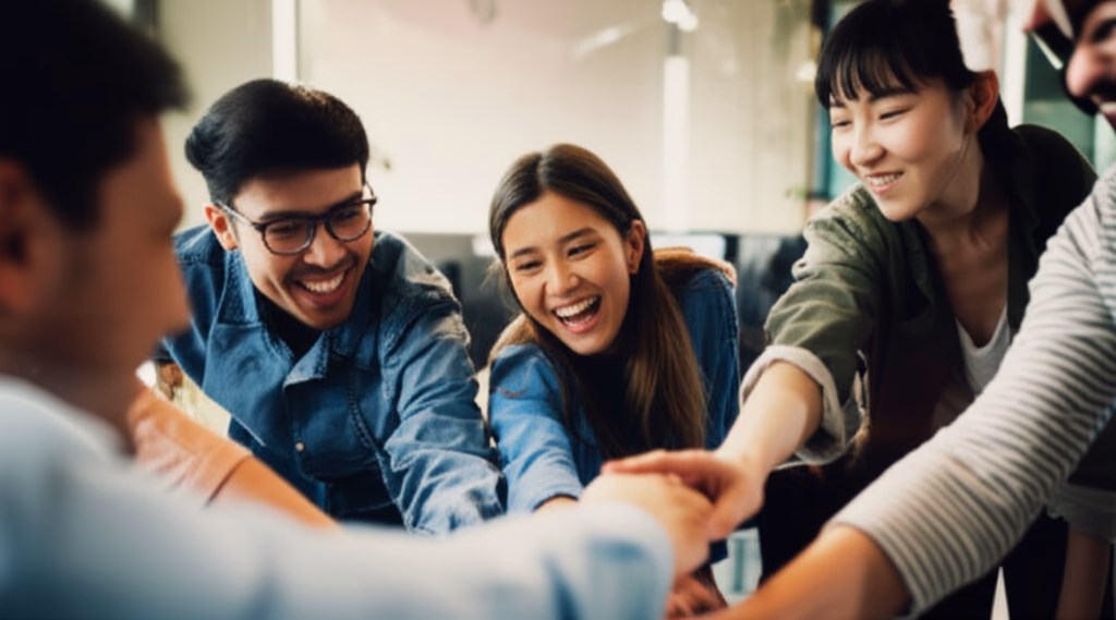 Diverse group of professionals collaborating with strong team spirit, working together towards a common goal in a modern office, symbolizing unity and success.