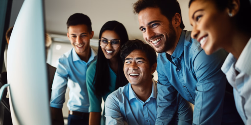Image depicting a diverse group of professionals demonstrating strong team unity, collaborating on a project, smiling and high-fiving in a modern office.
