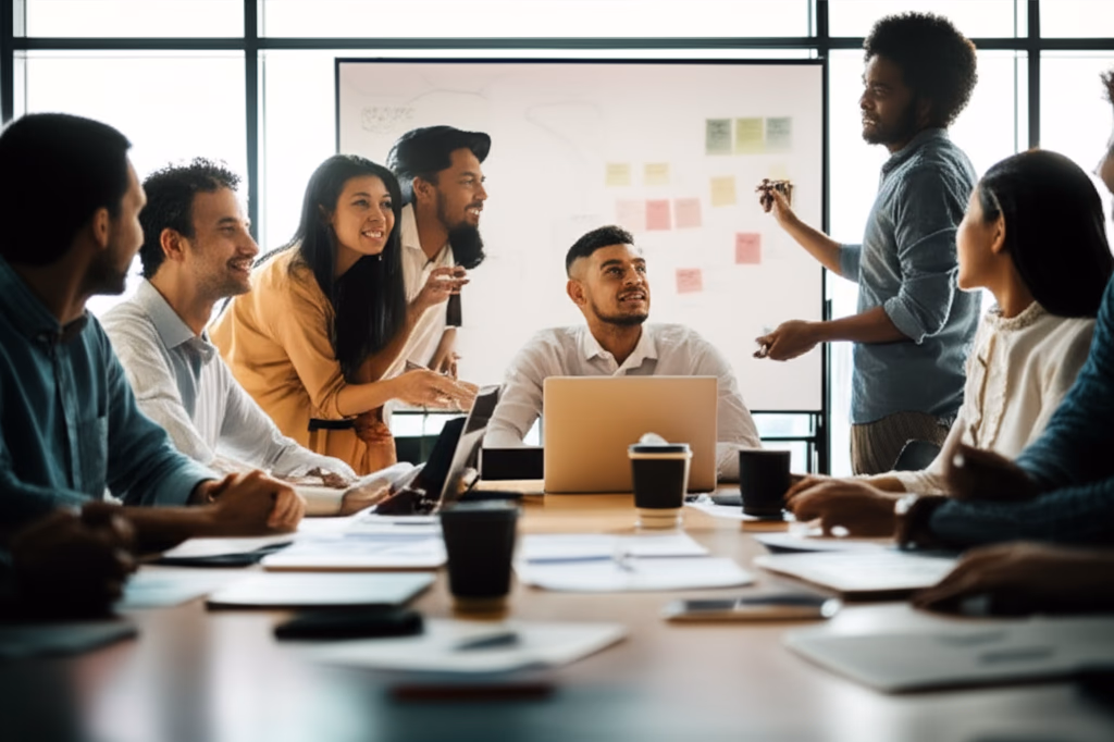 Diverse professional team collaborating in a modern office, demonstrating effective teamwork and problem-solving skills