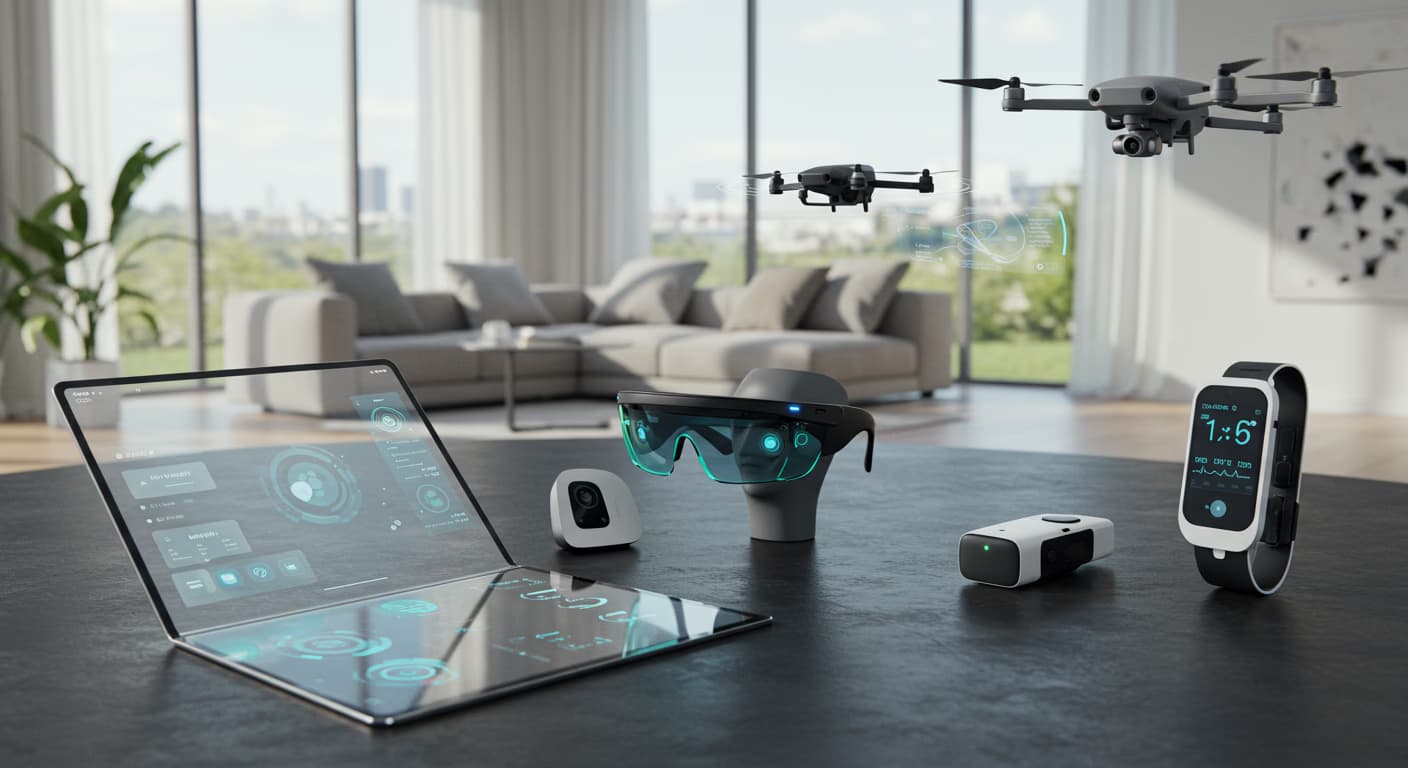 Collection of modern tech gadgets including smartphones, tablets, and electronic devices