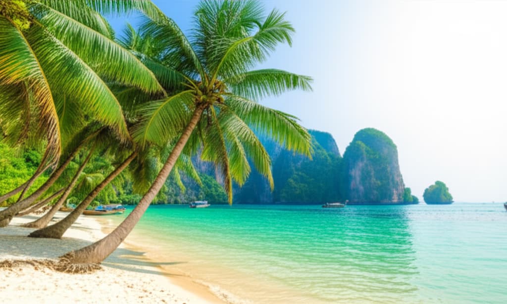 A scenic Thailand beach with pristine white sand, crystal-clear turquoise water, lush green palm trees, and distant limestone karsts.