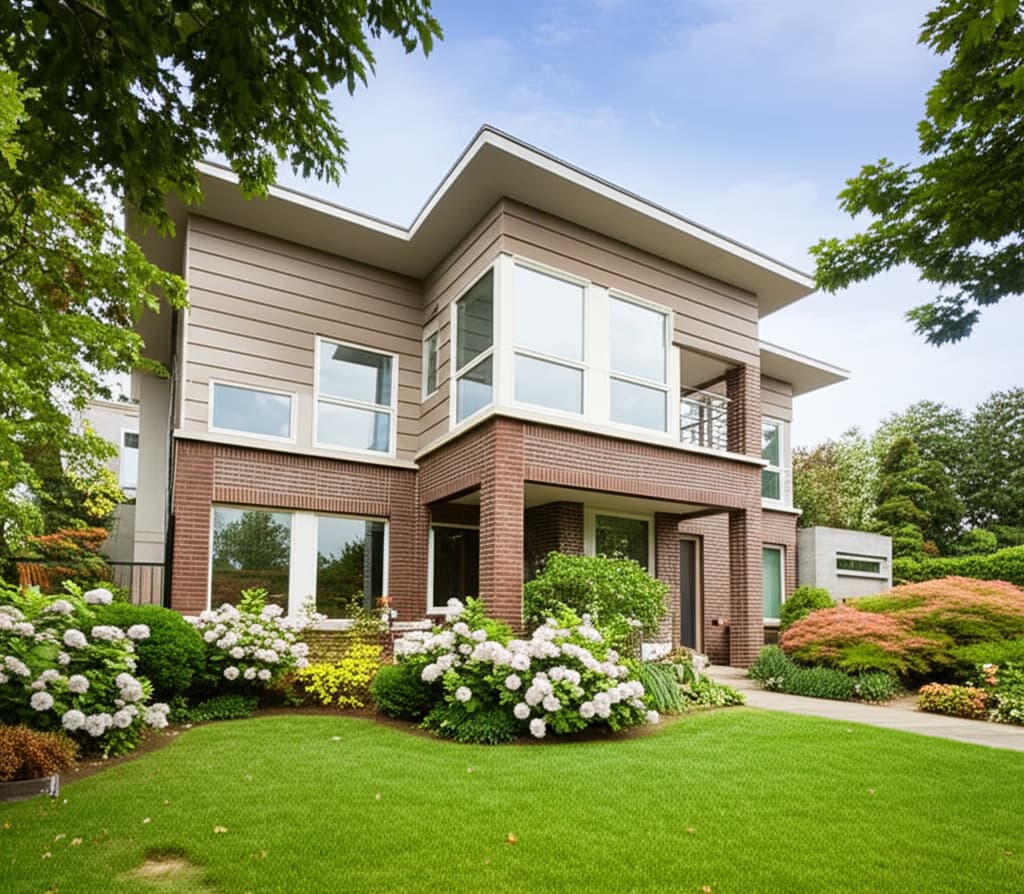 Exterior view of a modern three-bedroom house with a landscaped front yard, large windows, and a welcoming entrance, ideal for family living.