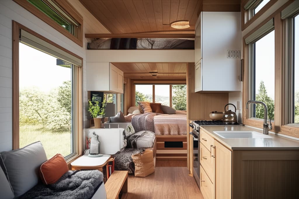 A bright and airy modern tiny house interior, featuring a compact kitchen, cozy living area, and natural light, showcasing efficient small space design.