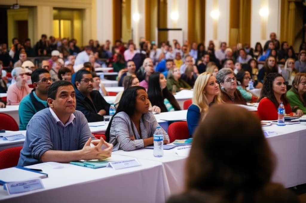 Image of a diverse group of citizens attending a town hall meeting, listening to a speaker and participating in a public discussion on local issues.