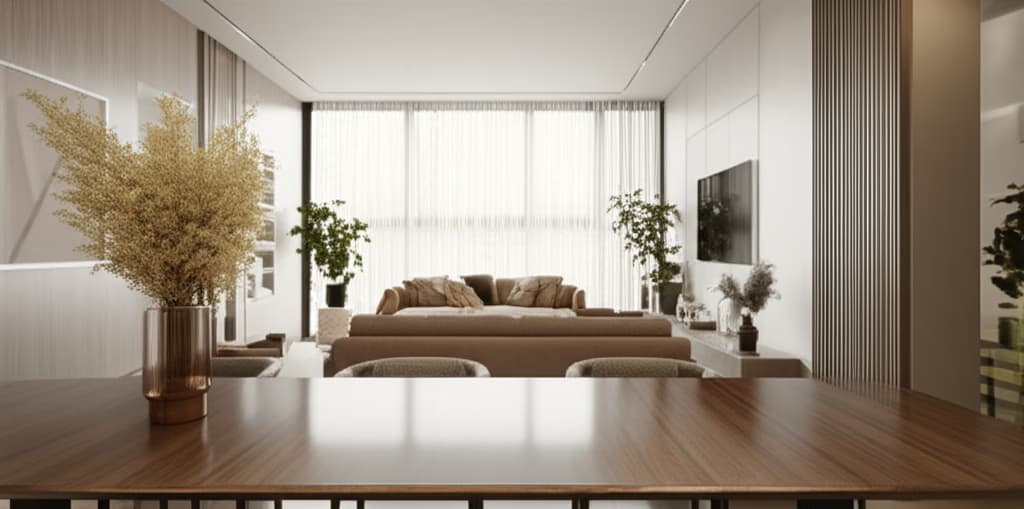 A naturally lit modern townhouse interior design featuring an open-plan living and dining area with contemporary furniture, wooden floors, and elegant decor.