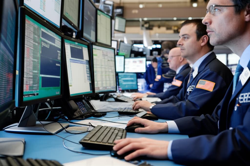 Realistic image of a busy trading floor with multiple traders focused on computer screens displaying financial data, capturing the high-energy atmosphere of a stock market.