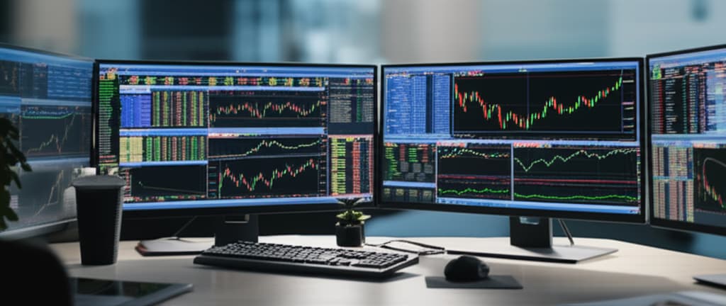 A realistic image of a professional trading desk with multiple monitors displaying complex financial charts, real-time market data, and indicators, symbolizing an effective trading strategy.
