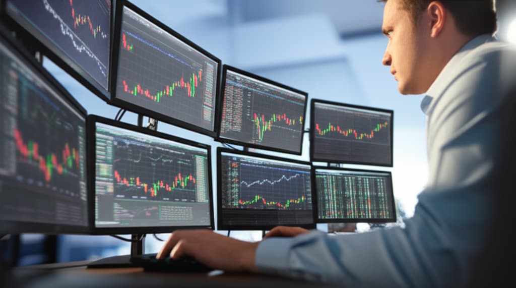 A professional trader intently viewing multiple computer monitors displaying complex stock market charts, financial data, and real-time trading platforms in a modern office environment, symbolizing active investment and market analysis.