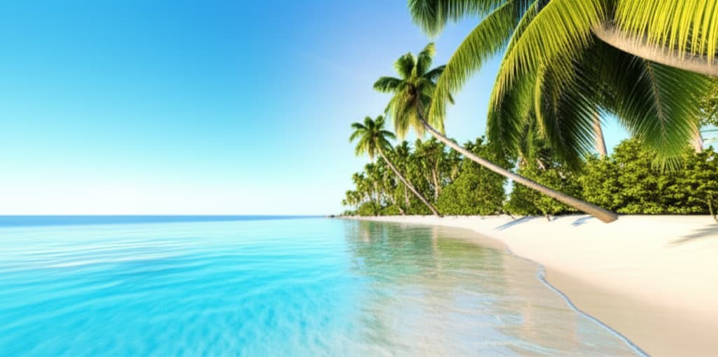 Idyllic tropical beach scene featuring crystal-clear turquoise water, soft white sand, and lush green palm trees under a bright blue sky, evoking a serene paradise.
