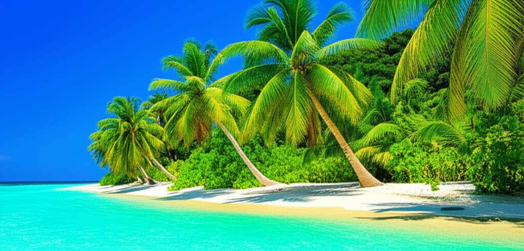 Ultra-realistic image of a pristine tropical island with a white sand beach, crystal-clear turquoise water, lush green palm trees, and a bright blue sky, showcasing a perfect vacation paradise.