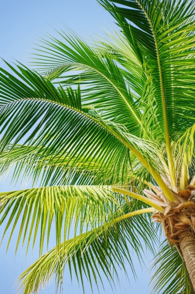 Vibrant green tropical palm tree with detailed fronds against a bright blue sky, showcasing natural beauty and lush foliage.