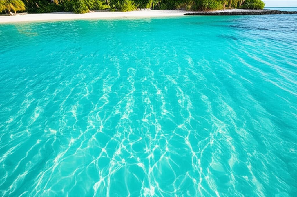 Close-up of crystal clear turquoise water gently lapping a pristine white sand tropical beach, showcasing vibrant blue-green hues and sunlight reflections on the shallow seabed.