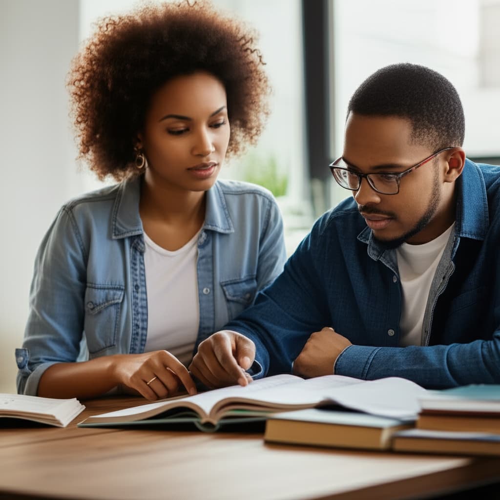 A friendly male tutor patiently explaining a difficult concept to a focused female high school student at a modern desk, illustrating effective one-on-one academic support and personalized learning.