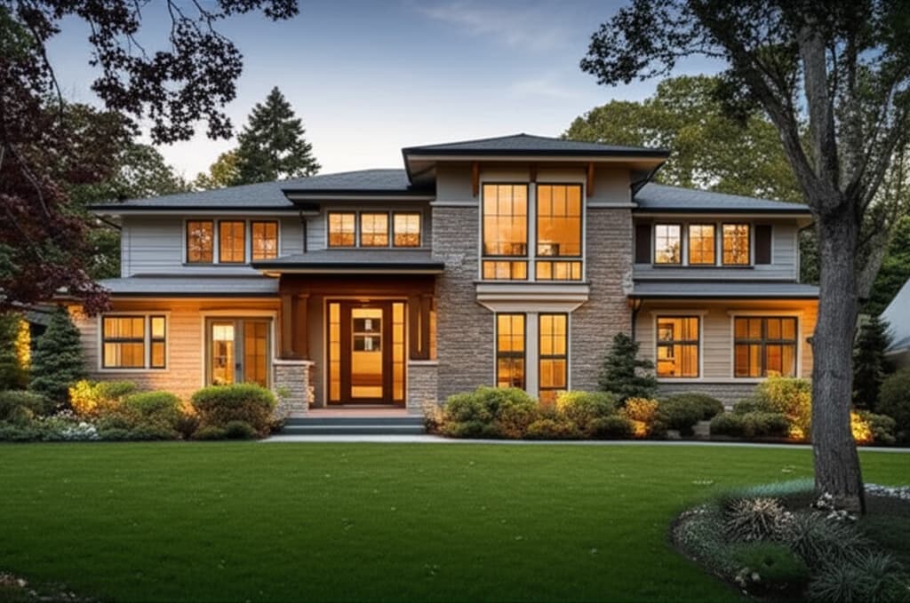 Realistic exterior view of a modern two-story family house with attractive landscaping, showcasing architectural details suitable for contemporary two story house plans.