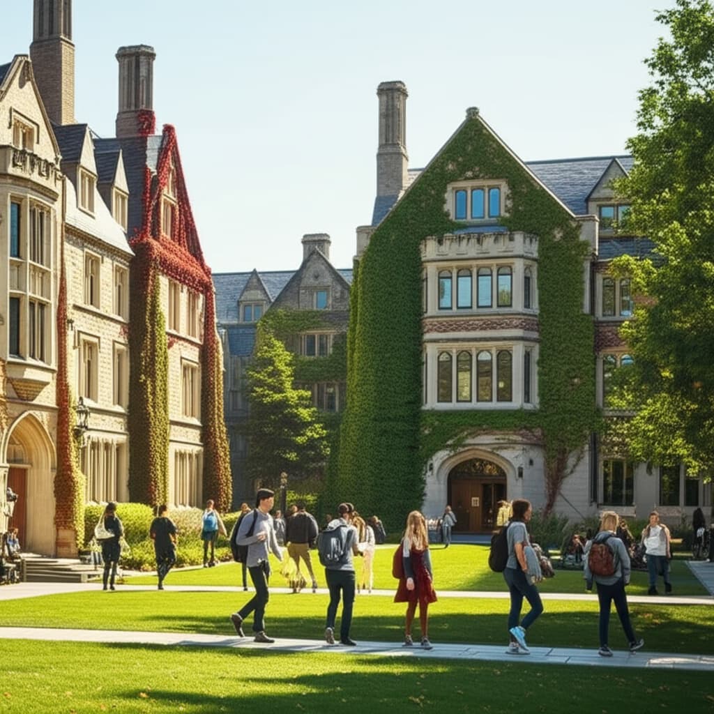 Diverse students walk and gather on a sunny, lush university campus featuring historic academic buildings and modern architecture.