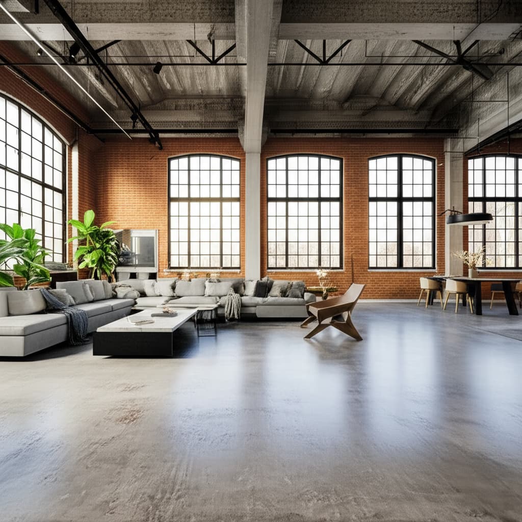 A modern urban loft interior featuring high ceilings, exposed red brick walls, large industrial windows, and polished concrete floors, furnished with contemporary minimalist furniture and natural light.
