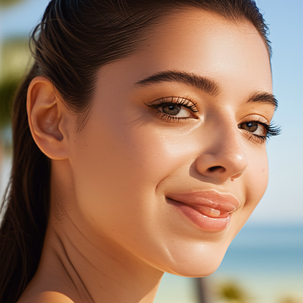 A young woman smiling with natural vacation makeup, featuring glowing skin and a fresh, effortless look perfect for a beach holiday or resort getaway.