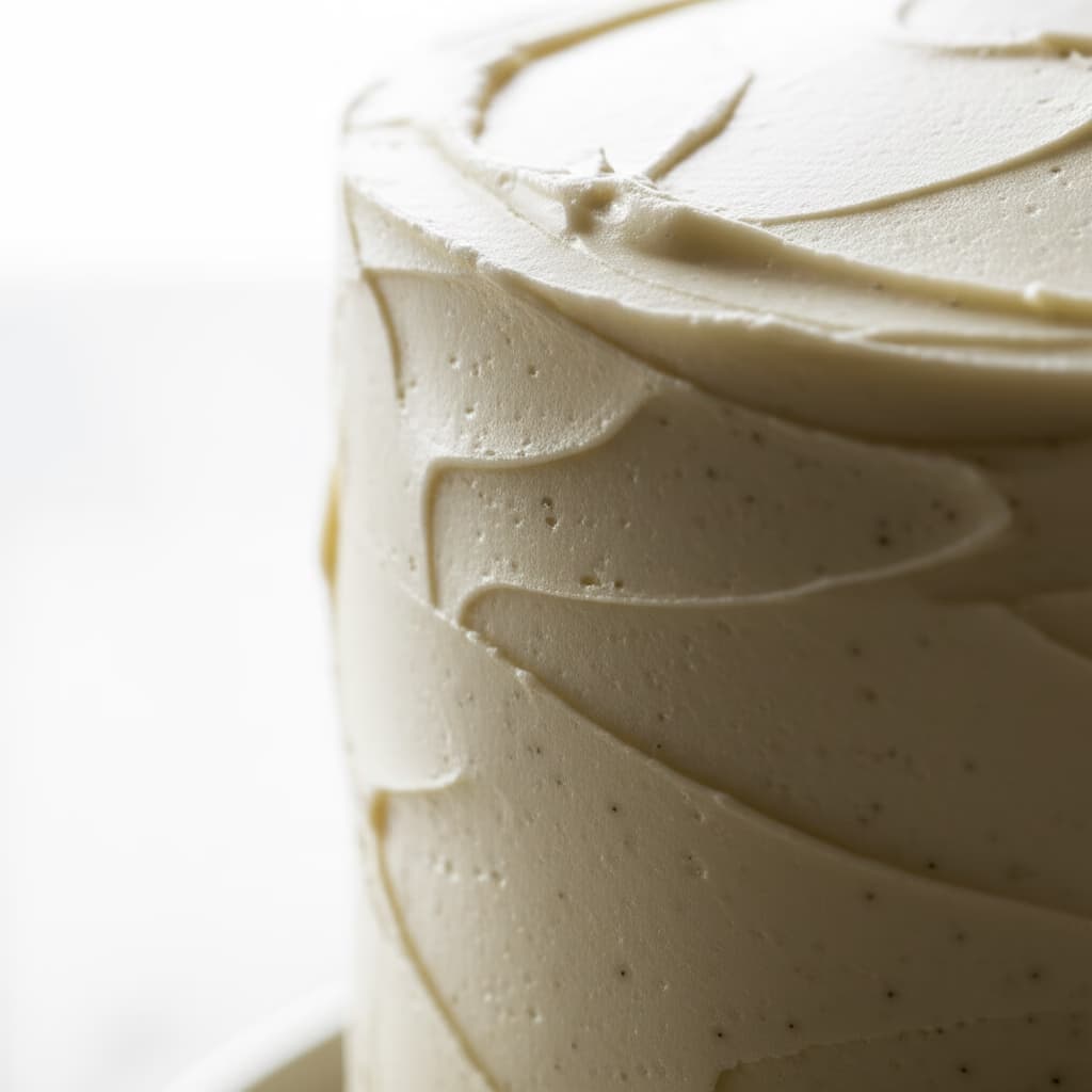 A perfectly baked, moist vanilla cake with smooth white vanilla buttercream frosting on a clean white background, ready to be sliced.