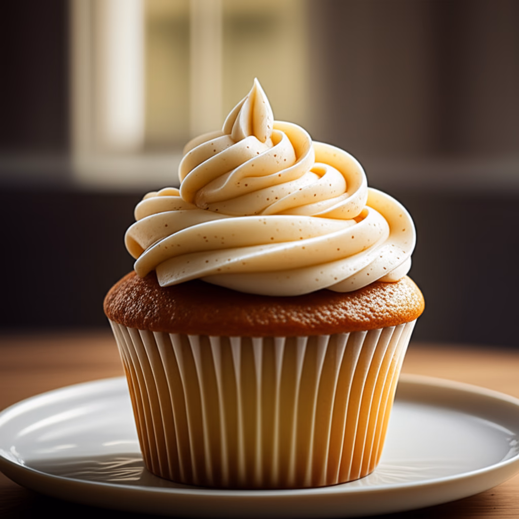 Close-up of a beautifully frosted vanilla cupcake on a white plate, showcasing creamy vanilla buttercream with visible vanilla bean specks and a perfectly baked cake. High-quality image for baking inspiration.